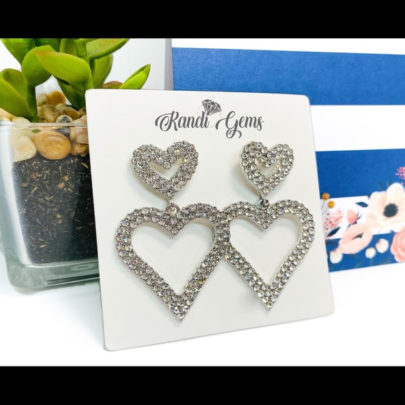 Gold / Silver Double Heart Rhinestone Earrings - Picture 4 of 8